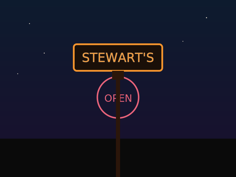 Stewart's neon marquee sign lit up at night